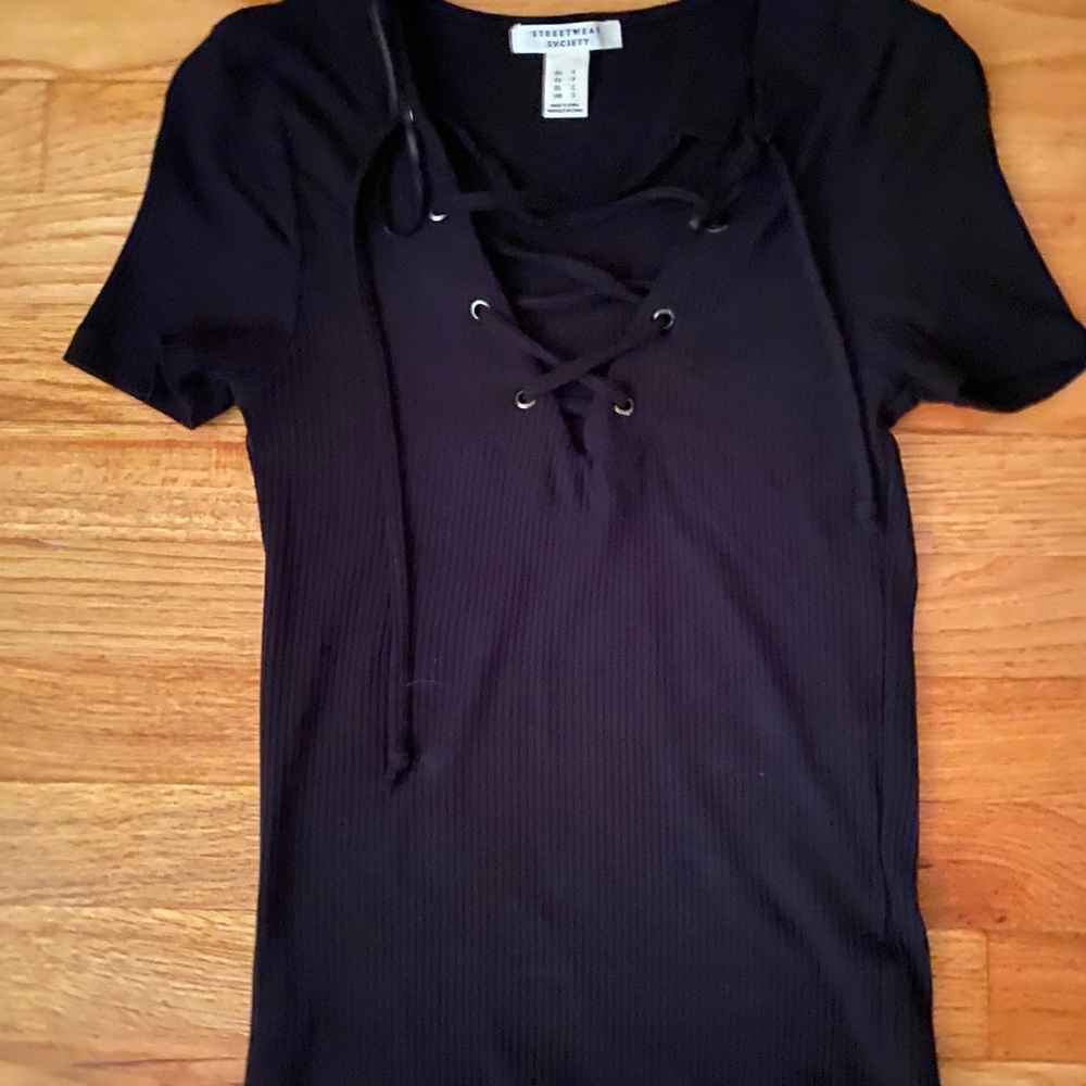 Black lace up short sleeve top size small